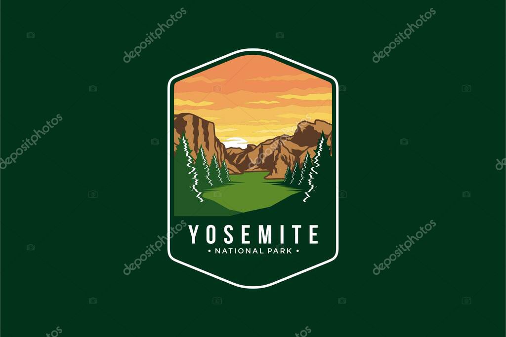 Emblem patch logo illustration of yosemite National park on dark background