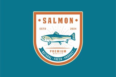 Somon amblemi logo tasarımı vektör çizimi. Deniz ürünleri etiketi tasarımı
