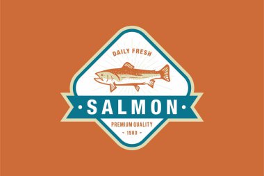 Somon amblemi logo tasarımı vektör çizimi. Deniz ürünleri etiketi tasarımı