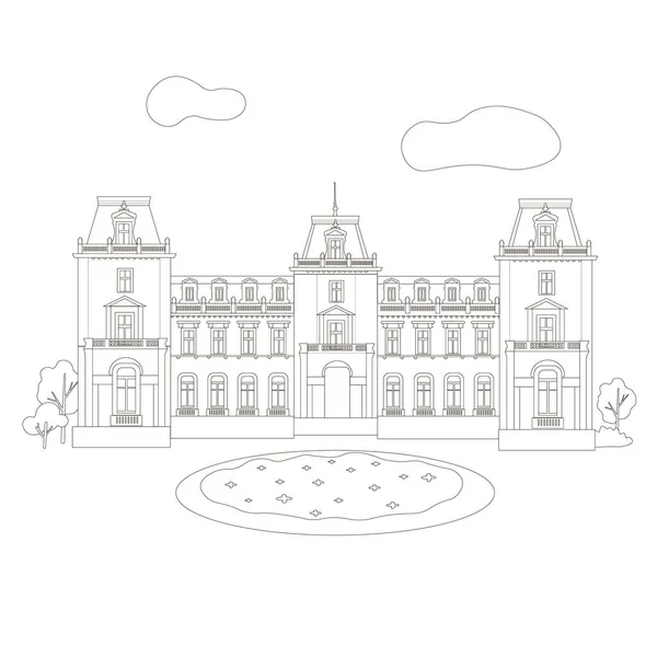 Ukrayna ev hatları, eski şehrin mimarisi, siyah beyaz çizimler..