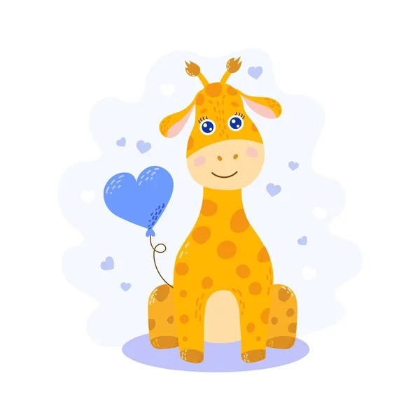 Mavi kalpli şirin zürafa karakteri, düz stil vektör çizimi