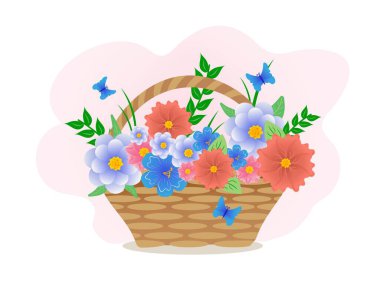 Anneler Günü için çiçek buketi sepette farklı çiçekler ve kelebekler olan bir vektör. Çizgi film tarzında şirin vektör illüstrasyonu