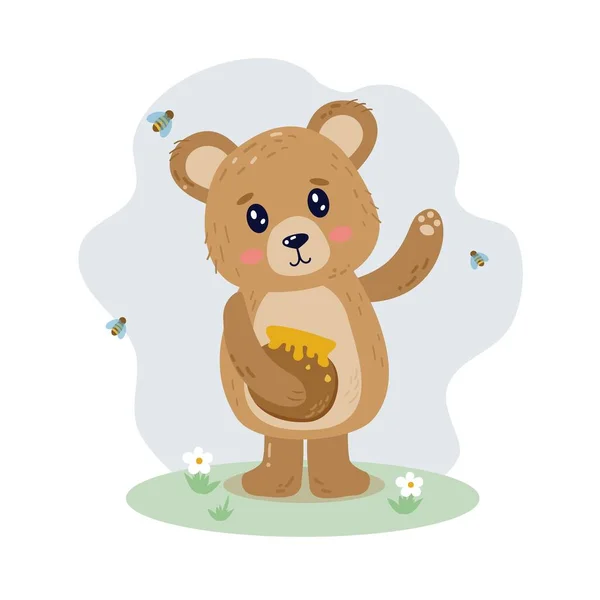Cute Bear Character Pot Honey Bees Vector Illustration Flat Style — Stock Vector
