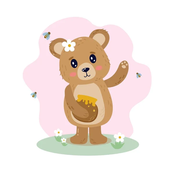 Cute Bear Character Honey Pot Bees Flower Flat Style Vector — Stock Vector