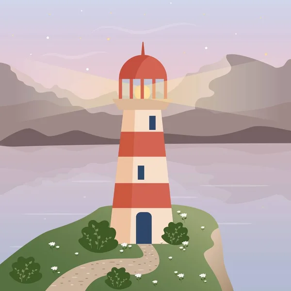 Gün batımında kırmızı deniz feneri, akşamları denizde bir kayanın üzerinde parlar, düz bir şekilde resmedilir.