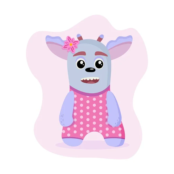 Boynuzlu neşeli peri masalı karakteri, pembe tulumlu, benekli, çiçekli bir kız, düz bir tarzda vektör çizimi..