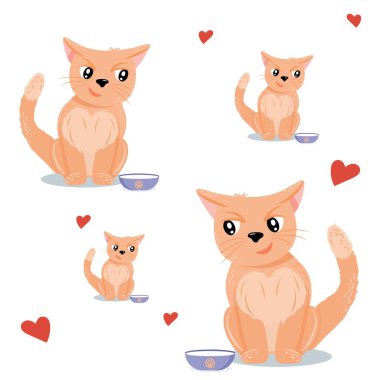 Bir kase sütle patern karakteri kedi, düz bir şekilde vektör çizimi.