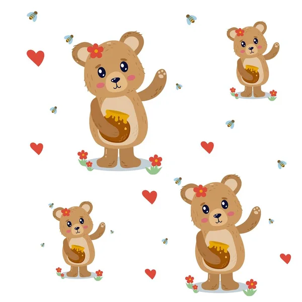 Bal küpü, arı ve çiçek desenli şirin ayı karakteri, düz stil vektör çizimi