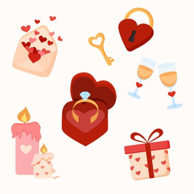 Romantik kalp koleksiyonu düz stil, vektör illüstrasyonu