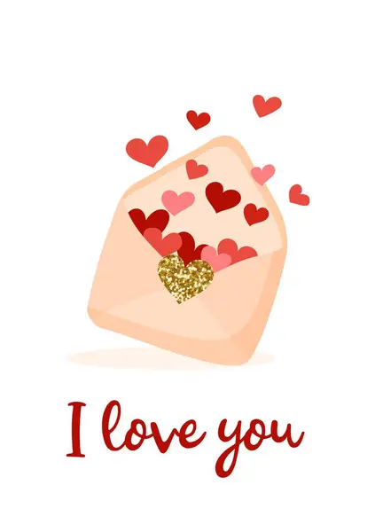 Zarfta romantik kalp koleksiyonu, düz bir şekilde vektör illüstrasyonu