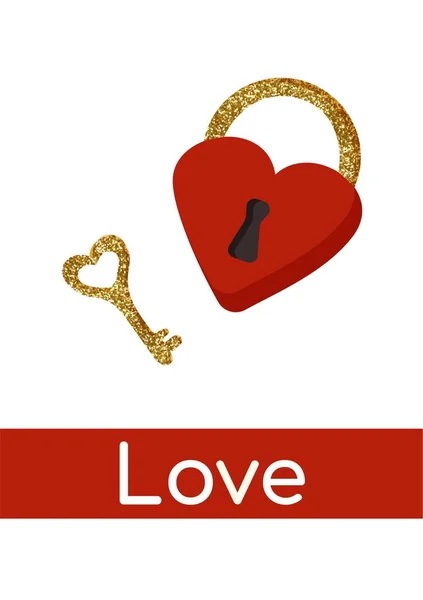 Kalp şeklinde kilit, anahtar, düz stil.