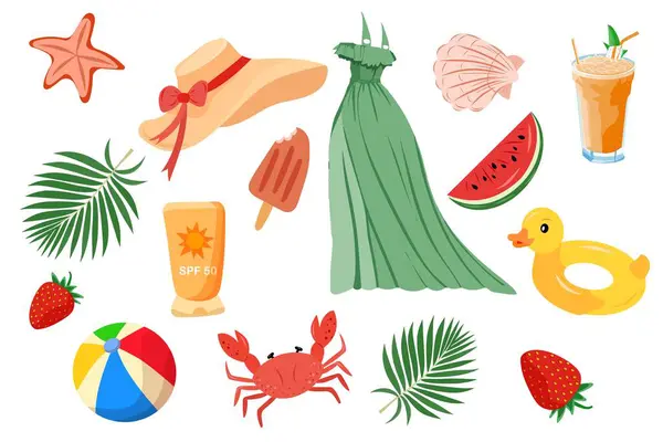 Seyahat yerleri yaz, yaz seti giysiler, yemek, vektör illüstrasyonu, turizm, düz stil