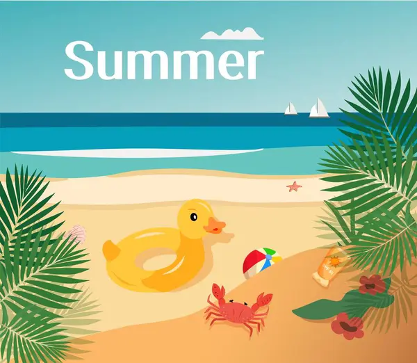 Seyahat yerleri yaz, kartpostal, ördek çemberi, yengeç, palmiye yaprakları düz, vektör tarzı plaj