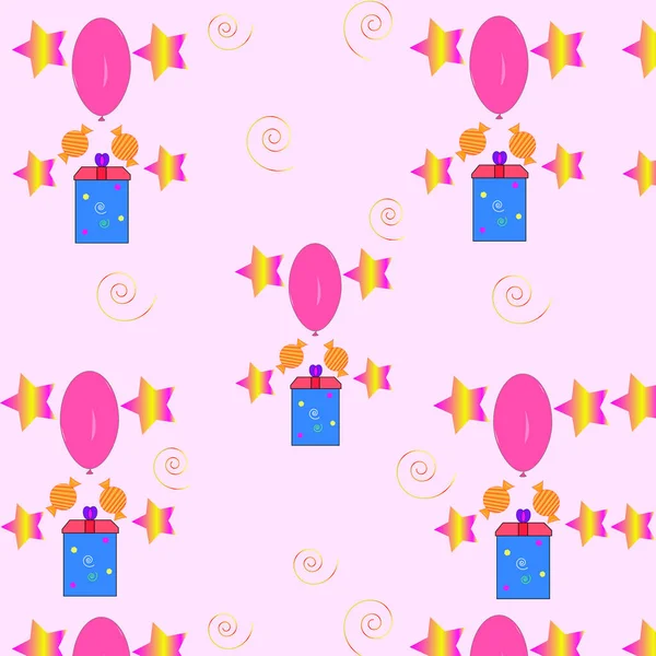 生日晚会五彩缤纷的裙摆图案 配以礼品盒 巧克力 气球和明星标签 卡片贴纸 — 图库矢量图片