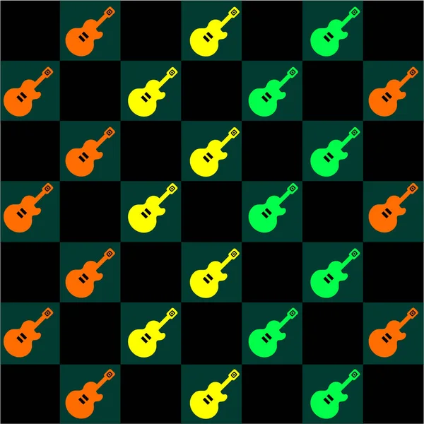 Forme Carrée Noire Vert Foncé Avec Motif Symbole Guitare Coloré — Image vectorielle