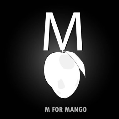 M for Mango text with white silhouette of mango sign. isolated on gray and black gradient background. clipart