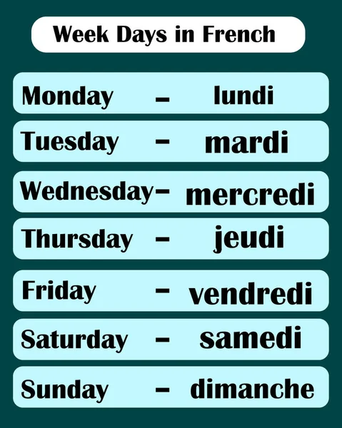Недельные Дни Французском Языке Английским Произношением Дизайн Формы Коробки Векторная — стоковый вектор