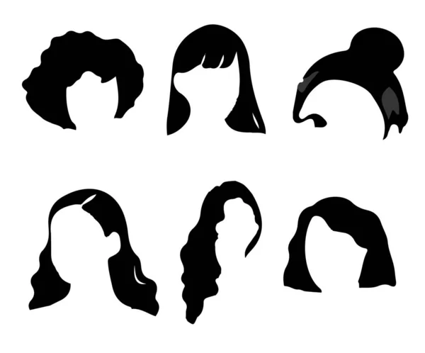 Σετ Από Μαύρα Μαλλιά Γυναίκας Vector Hairstyle Σιλουέτα — Διανυσματικό Αρχείο