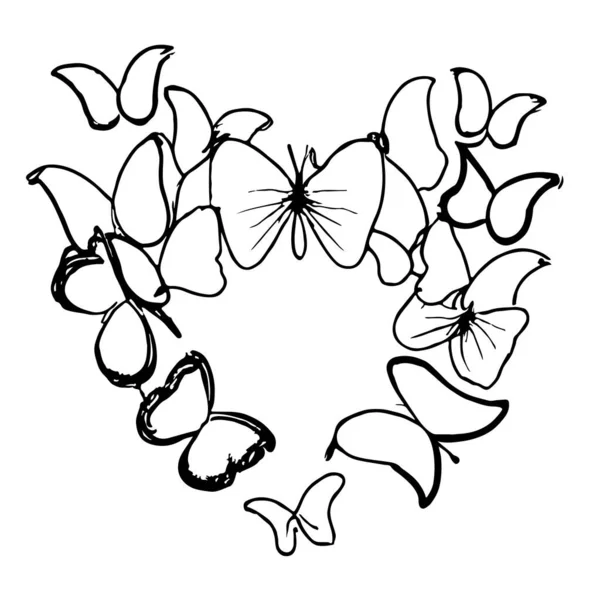 Motýli Tvarovat Srdce Nastínit Jednoduchý Kreslení Design Izolované Bílém Pozadí — Stockový vektor