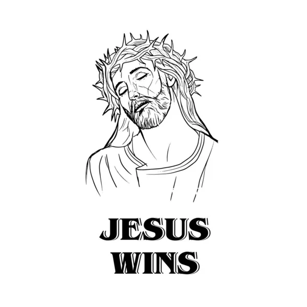 Jesus Einfache Schwarze Linie Kunst Mit Text Jesus Gewinnt Isoliert — Stockvektor