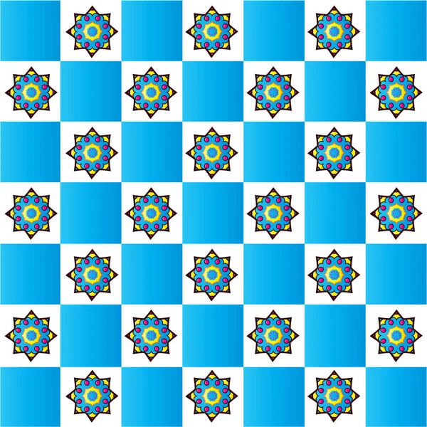 蓝色渐变和白色方块形状与彩色曼陀罗星形设计无缝图案 矢量图解 — 图库矢量图片