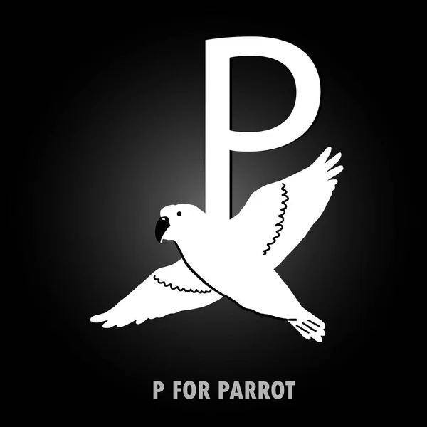 Papağan yazısının P 'si. Üzerinde beyaz papağan işareti var. Gri ve siyah gradyan arkaplanda izole edilmiş.