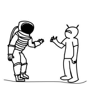 Astronot uzaylıyla tanışır, basit çizim tasarımı çizer. Beyaz üzerine izole edilmiş. eps10.