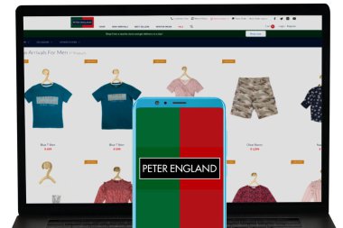  Peter England şirketinin logosu mobil olarak sergileniyor ve internet siteleri bilgisayar ekranında bulanıklaşıyor. Resimli başyazı.