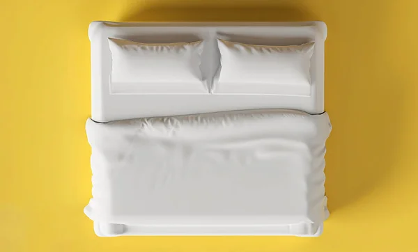 白い枕カバーとパステルイエローの背景を持つモックアップのための白い毛布と白いベッドのトップビュー 3Dレンダリングイメージ — ストック写真
