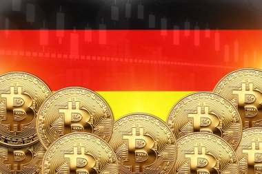 Önünde bir sürü Bitcoin ve duvarında Almanya bayrağı var. illüstrasyon poster tasarımı