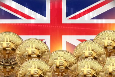 Önünde bir sürü Bitcoin ve duvarında Birleşik Krallık bayrağı var. illüstrasyon poster tasarımı.