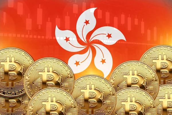 Önünde bir sürü Bitcoin ve duvarında Hong Kong bayrağı var. illüstrasyon poster tasarımı