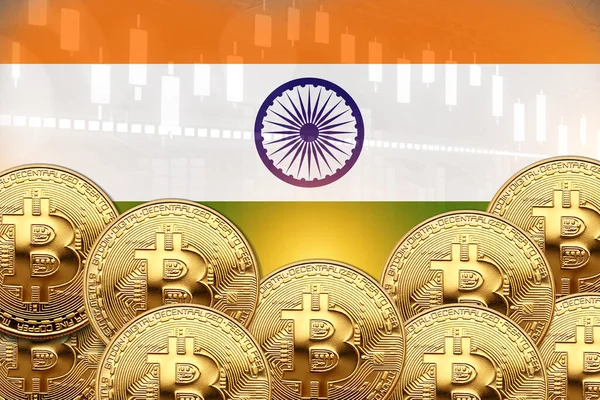 Önünde bir sürü Bitcoin ve duvarında Hindistan bayrağı var. illüstrasyon poster tasarımı.