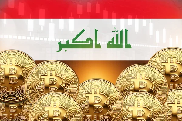 Πολλά Bitcoins Μπροστά Και Ιρακινή Σημαία Στον Τοίχο Σχέδιο Αφίσας — Φωτογραφία Αρχείου