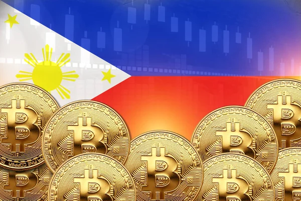 Önünde bir sürü Bitcoin ve duvarında Filipinler bayrağı var. illüstrasyon poster tasarımı.