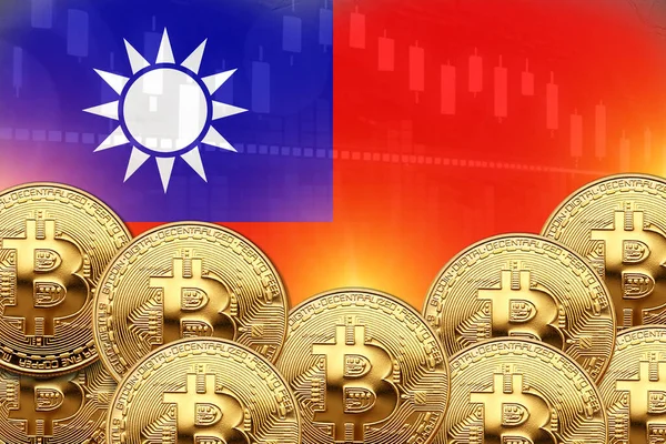 Önünde bir sürü Bitcoin ve duvarında Tayvan bayrağı var. illüstrasyon poster tasarımı.