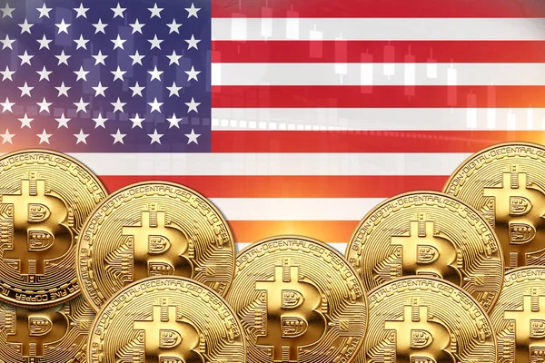 stock image Lot of Bitcoins in front and United Kingdom flag in wall. illustration poster design.