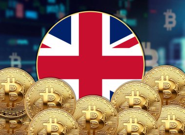 Birleşik Krallık bayrağı bitcoin ve hisse senedi çizim poster tasarımı ile yuvarlak şekillidir.