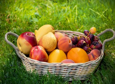 Bir sepet çeşit meyve. Çimen arka planında izole.