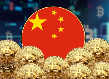 Bitcoin ve hisse senedi çizim poster tasarımlarıyla Çin bayrağı yuvarlak.