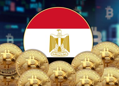 Mısır bayrağı bitcoin ve hisse senedi çizimi poster tasarımı ile yuvarlak şekilli.