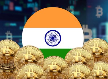 Hindistan bayrak yuvarlak şekilli bitcoin ve hisse senedi çizim poster tasarımı.