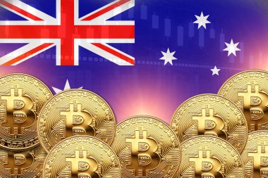 Önünde bir sürü Bitcoin ve duvarında Avustralya bayrağı var. illüstrasyon poster tasarımı.