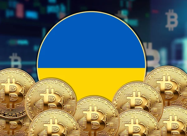 Bitcoin ve hisse senedi çizim poster tasarımlı Ukrayna bayrağı yuvarlak.