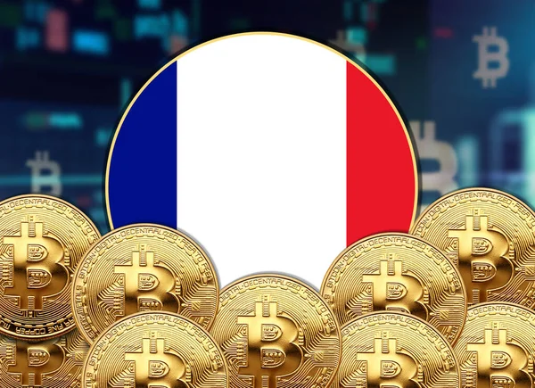 Σημαία Γαλλίας Στρογγυλό Σχήμα Bitcoin Και Σχέδιο Αφίσας Τιμή Μετοχών — Φωτογραφία Αρχείου