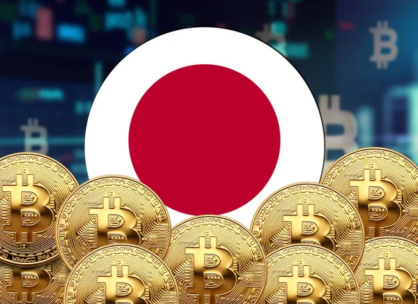 Bitcoin ve hisse senedi çizim poster tasarımı ile Japonya bayrağı yuvarlak.