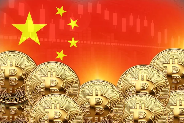 Πολλά Bitcoins Μπροστά Και Σημαία Της Κίνας Στον Τοίχο Σχέδιο — Φωτογραφία Αρχείου