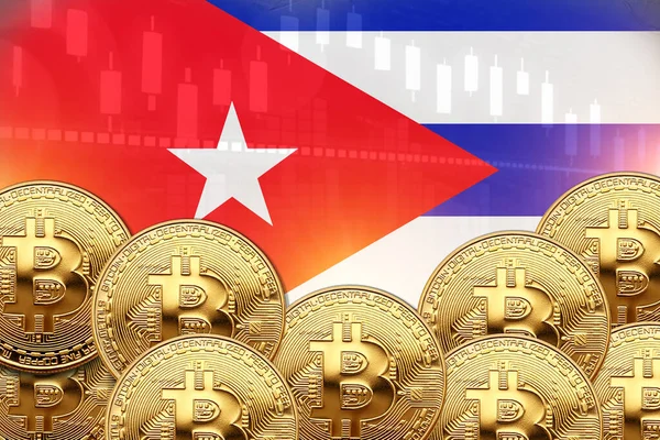 Πολλά Bitcoins Μπροστά Και Σημαία Της Κούβας Στον Τοίχο Σχέδιο — Φωτογραφία Αρχείου