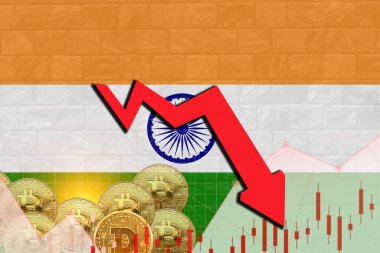 Hindistan borsa değeri düşüşü ve kripto para birimi grafik tasarımı ile duvar dokusunda bayrak.