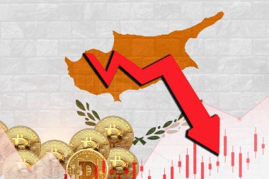 Borsa düşüşü ve kripto para birimi grafik illüstrasyon poster tasarımı ile duvar dokusunda Kıbrıs bayrağı